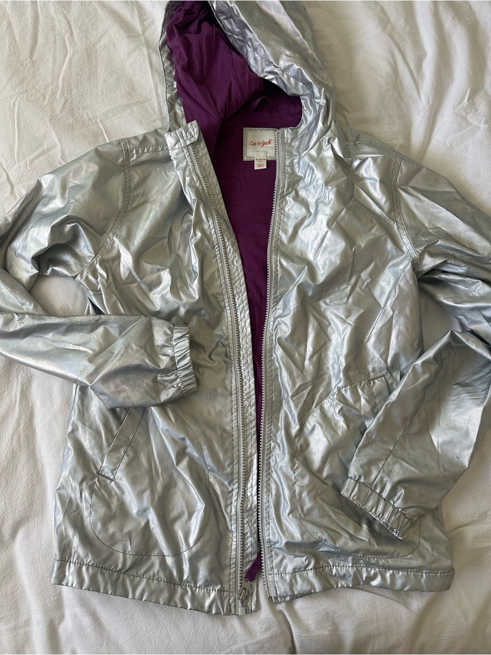 Cat & Jack Silver Metallic Hooded Jacket with Purple Lining